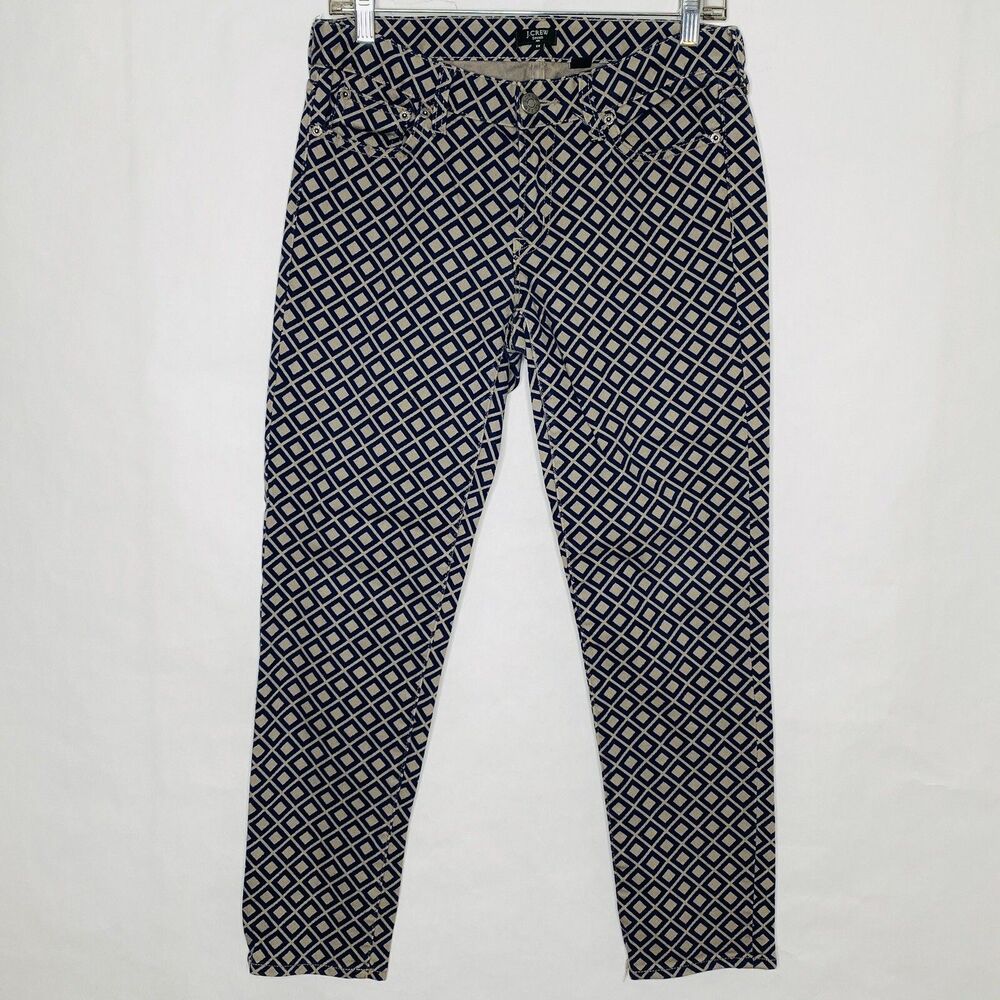 J. Crew Cropped Pants Women 28 Taupe Blue Patterned Diamond Print Denim